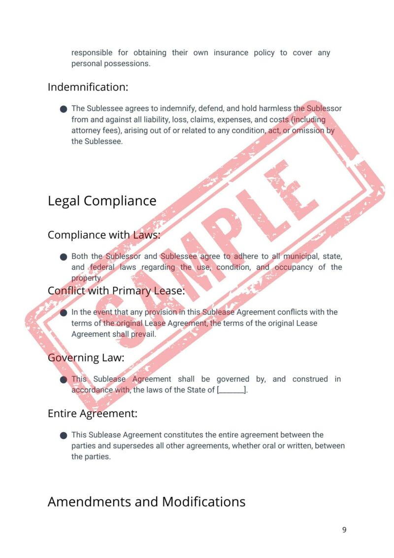 Page of a legal document with sections on Indemnification, Legal Compliance, and other clauses. A large red "SAMPLE" stamp overlays the text.