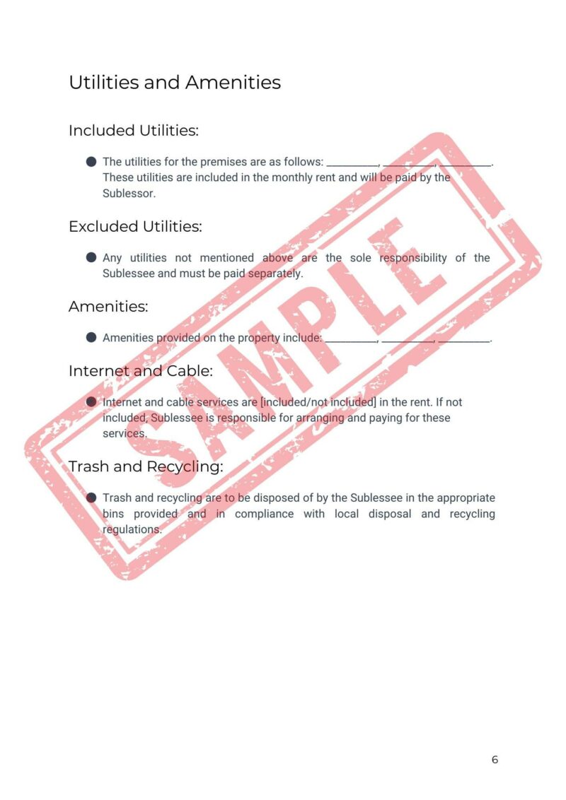 Document page detailing utilities and amenities, including included and excluded utilities, internet and cable, and trash and recycling, with "SAMPLE" stamped across in red.