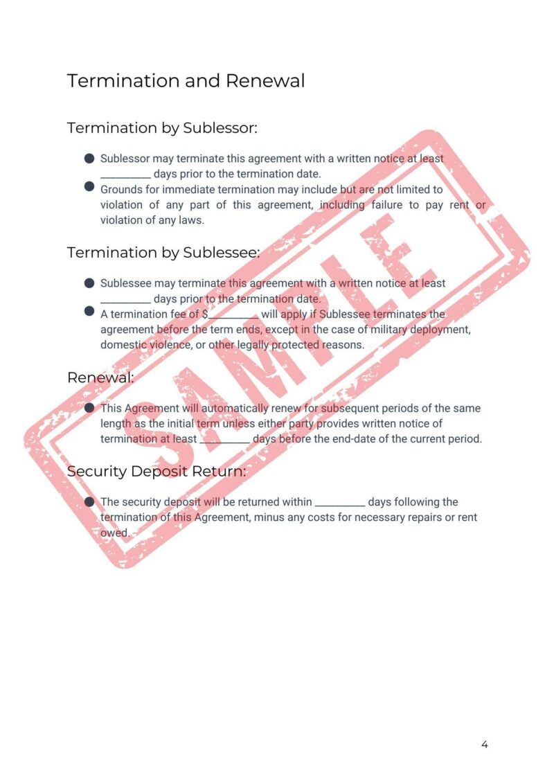 A document titled 'Termination and Renewal' with sections on termination by sublessor, termination by sublessee, renewal policies, and security deposit return. A red 'Draft' stamp is overlaid.