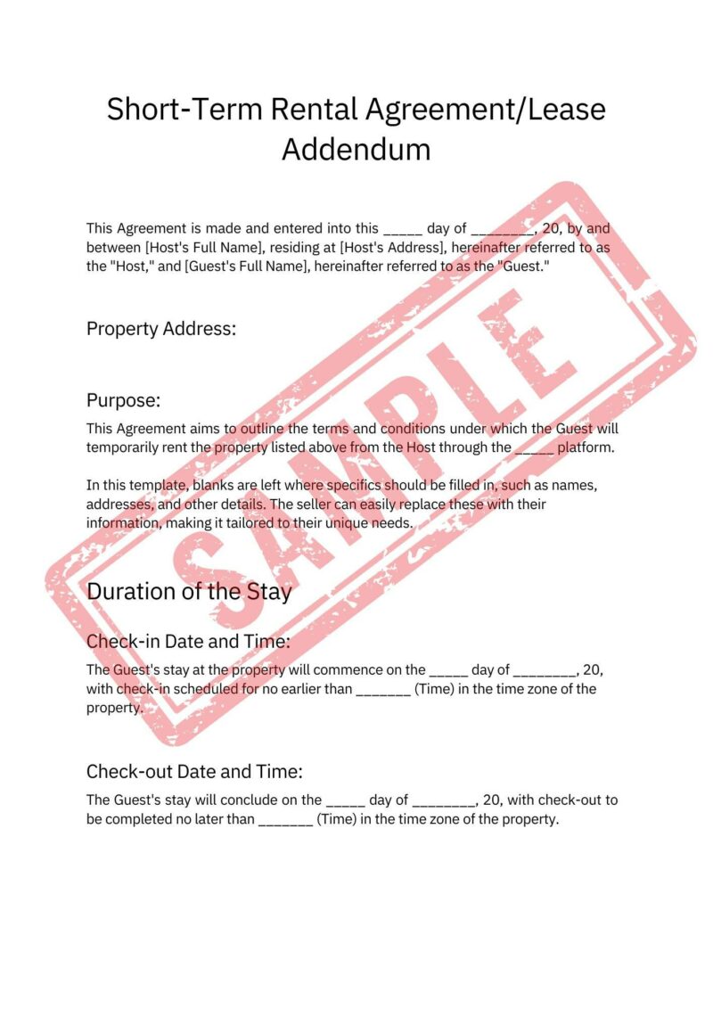 The short-term rental agreement addendum page in the "Airbnb Hosting Contract Template: Comprehensive and Customizable Lease Agreement for Hosts and Guests" has spaces for dates and names, with a red "Draft" stamp diagonally across it, ensuring clarity between hosts and guests.