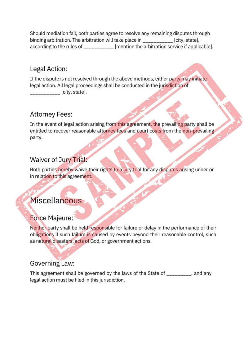 The Airbnb Hosting Contract Template is a comprehensive and customizable lease agreement featuring sections on legal action, attorney fees, jury trial waivers, miscellaneous clauses, force majeure, and governing law. It is ideal for hosting arrangements and displays a red "SAMPLE" stamp on each page.