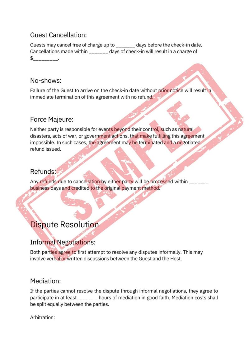 The Airbnb Hosting Contract Template is a comprehensive sample document detailing policies on guest cancellation, no-shows, force majeure, refunds, and dispute resolution. It features a "SAMPLE" watermark and serves as an essential guide for hosts and guests.