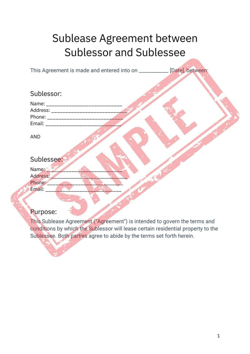 Sublease agreement document with blank fields for sublessor and sublessee information. Red "SAMPLE" stamp across the page.