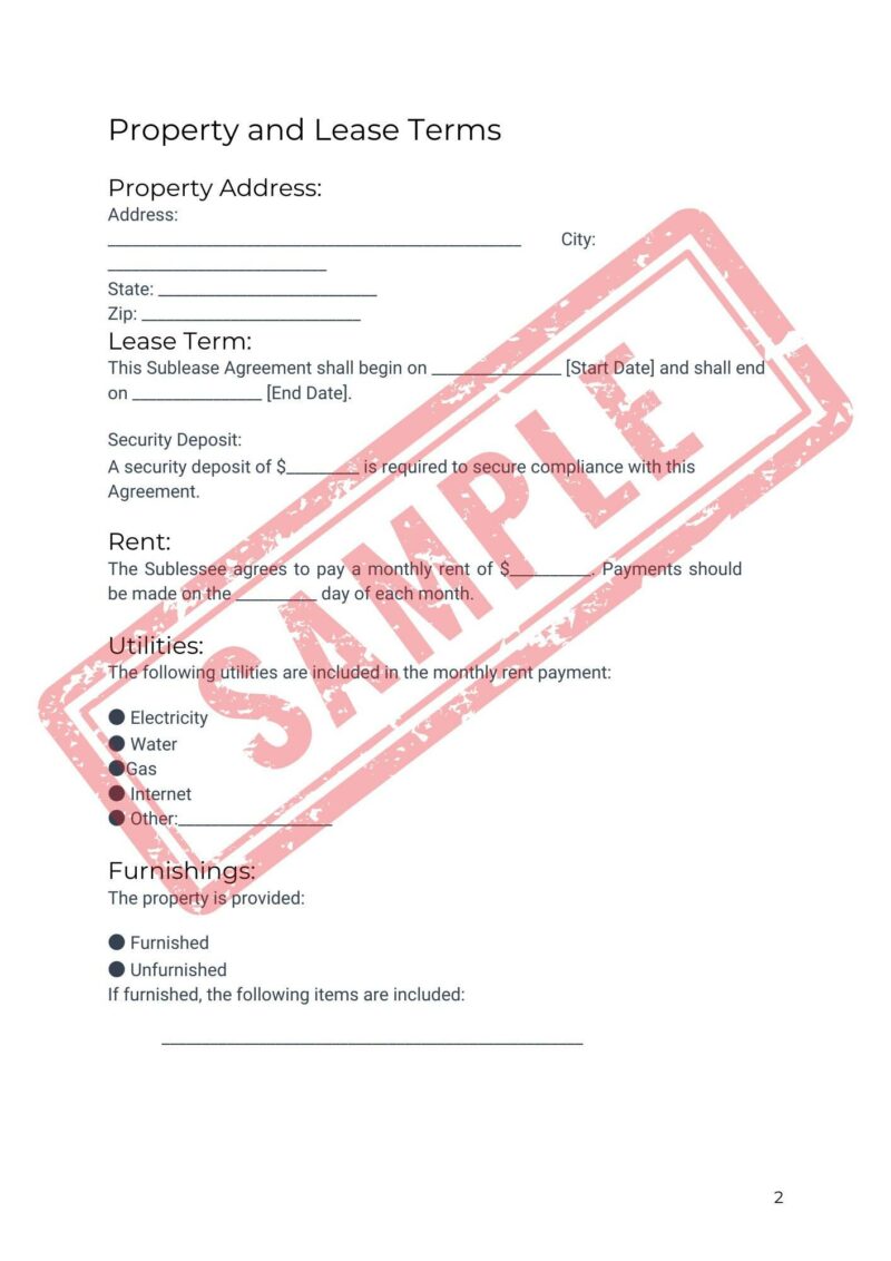 Sample property and lease term document showing sections for address, lease term, security deposit, rent, utilities, and furnishings, with a large red "SAMPLE" stamp across the page.