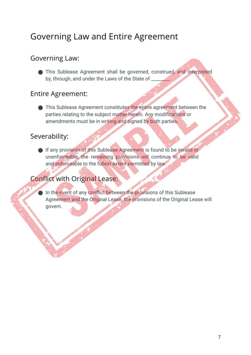 A document page titled "Governing Law and Entire Agreement" with sections on governing law, entire agreement, severability, and conflict with original lease. A red "DRAFT" stamp overlays the text.