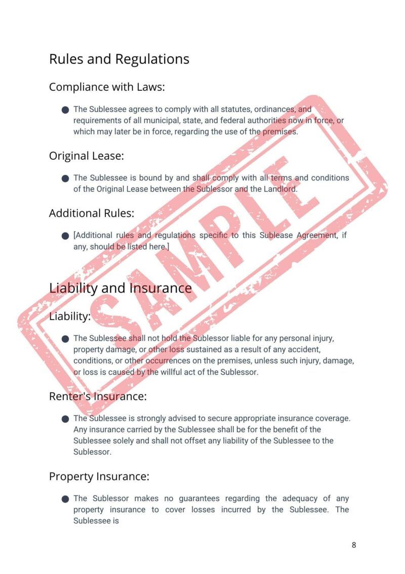 A document page titled "Rules and Regulations" with sections on compliance with laws, original lease, additional rules, liability, renter’s insurance, and property insurance. "SAMPLE" is stamped diagonally.