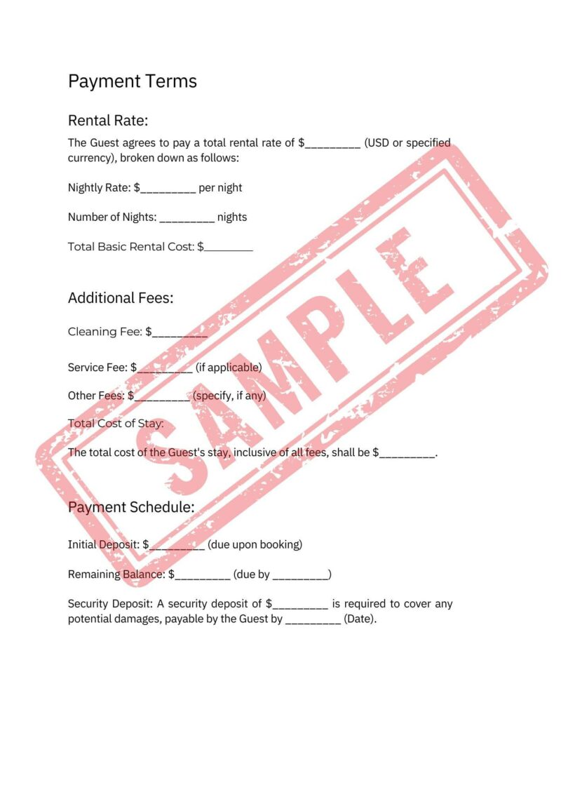 The Airbnb Hosting Contract Template is a comprehensive and customizable lease agreement for hosts and guests, with sections for rental rate, additional fees, and payment schedule. It includes blank lines for details, overlaid with a red "SAMPLE" stamp.