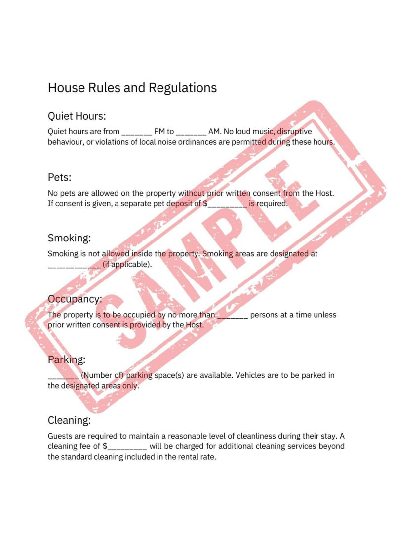 The "Airbnb Hosting Contract Template: Comprehensive and Customizable Lease Agreement for Hosts and Guests" is crucial for hosting, outlining quiet hours, pet policies, smoking rules, occupancy limits, parking guidelines, and cleaning standards with a bold "PROPERTY" watermark on the text.