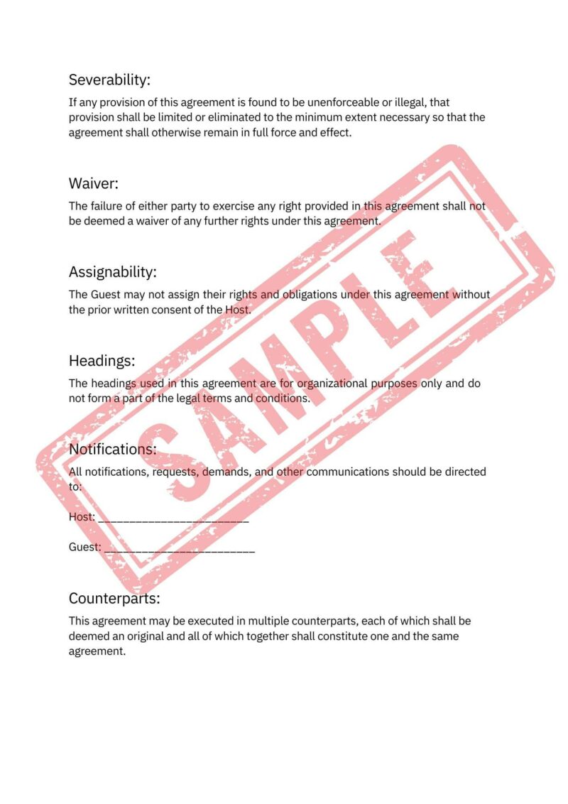 Airbnb Hosting Contract Template: A comprehensive, customizable lease agreement page featuring sections on severability, waiver, assignability, headings, notifications, and counterparts with a red "SAMPLE" stamp. Ideal for Airbnb hosts and guests.