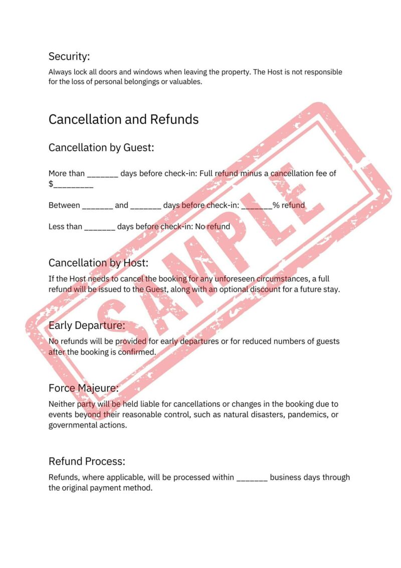 Airbnb Hosting Contract Template offers a cancellation and refund policy document with sections on security, guest and host cancellations, early departure, force majeure, and refund process. Perfect for hosting needs. Features a "SAMPLE" watermark in red.