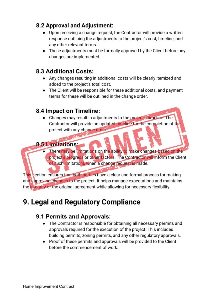 The Customizable Home Improvement Contract Template—editable and legally sound—displays a bold red "DECLINED" stamp across sections 8.2 to 9.1, detailing approval processes, extra costs, timeline impacts, and legal compliance issues, crucial for meticulous planning in home projects.