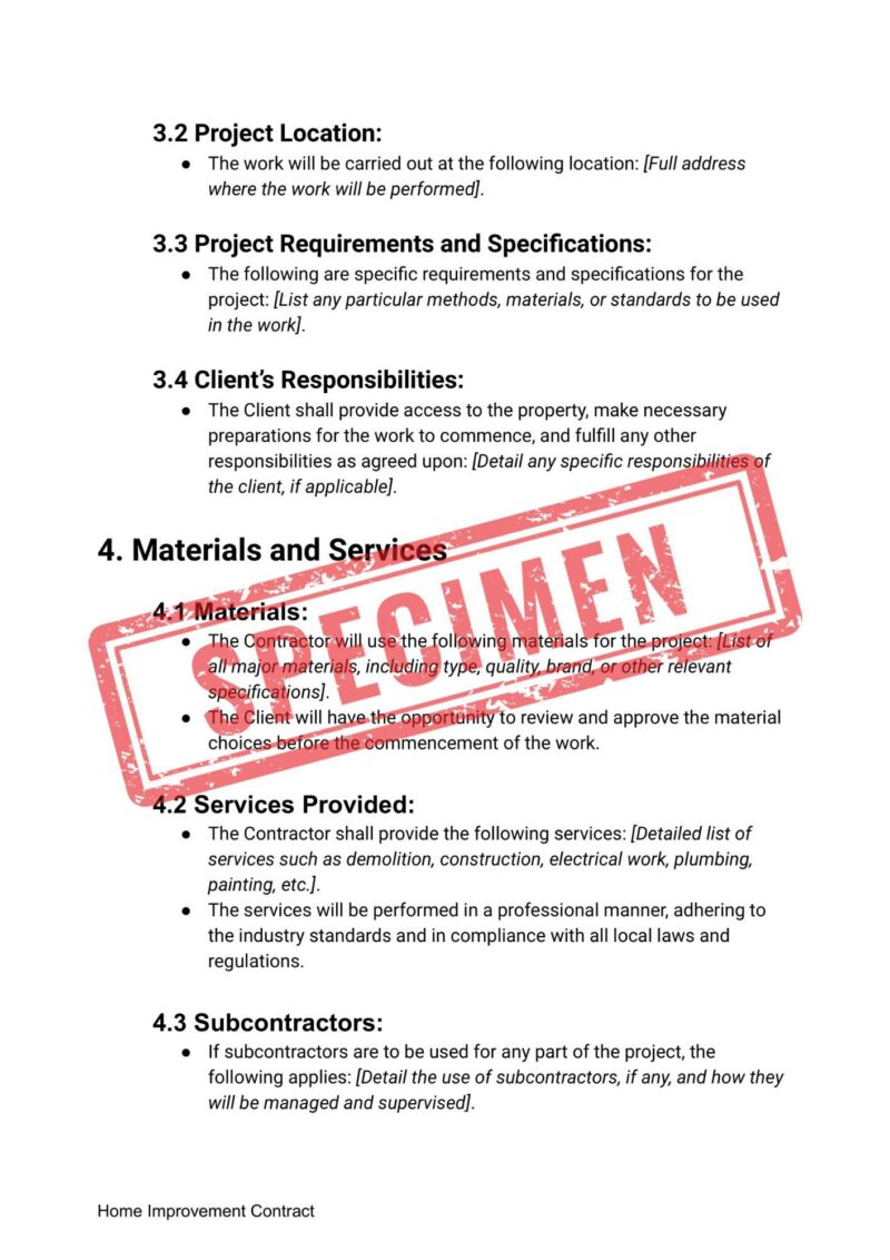 The Customizable Home Improvement Contract Template includes sections on project details, client responsibilities, materials, services, and subcontractors. "SPECIMEN" appears in red across the page. It's ideal for those needing an editable and legally sound template for home projects.