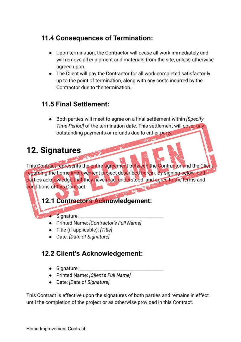 The Customizable Home Improvement Contract Template, editable and legally sound, features termination details and signature sections marked "CONFIDENTIAL," making it essential for home projects.