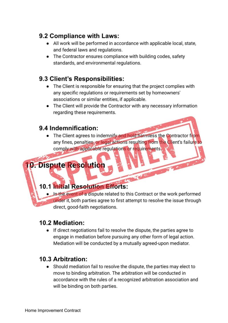 The Customizable Home Improvement Contract Template, marked "CANCELLED," covers compliance, client responsibilities, indemnification, and dispute resolution. It's an editable, easy-to-use, legally sound template ideal for future home projects.