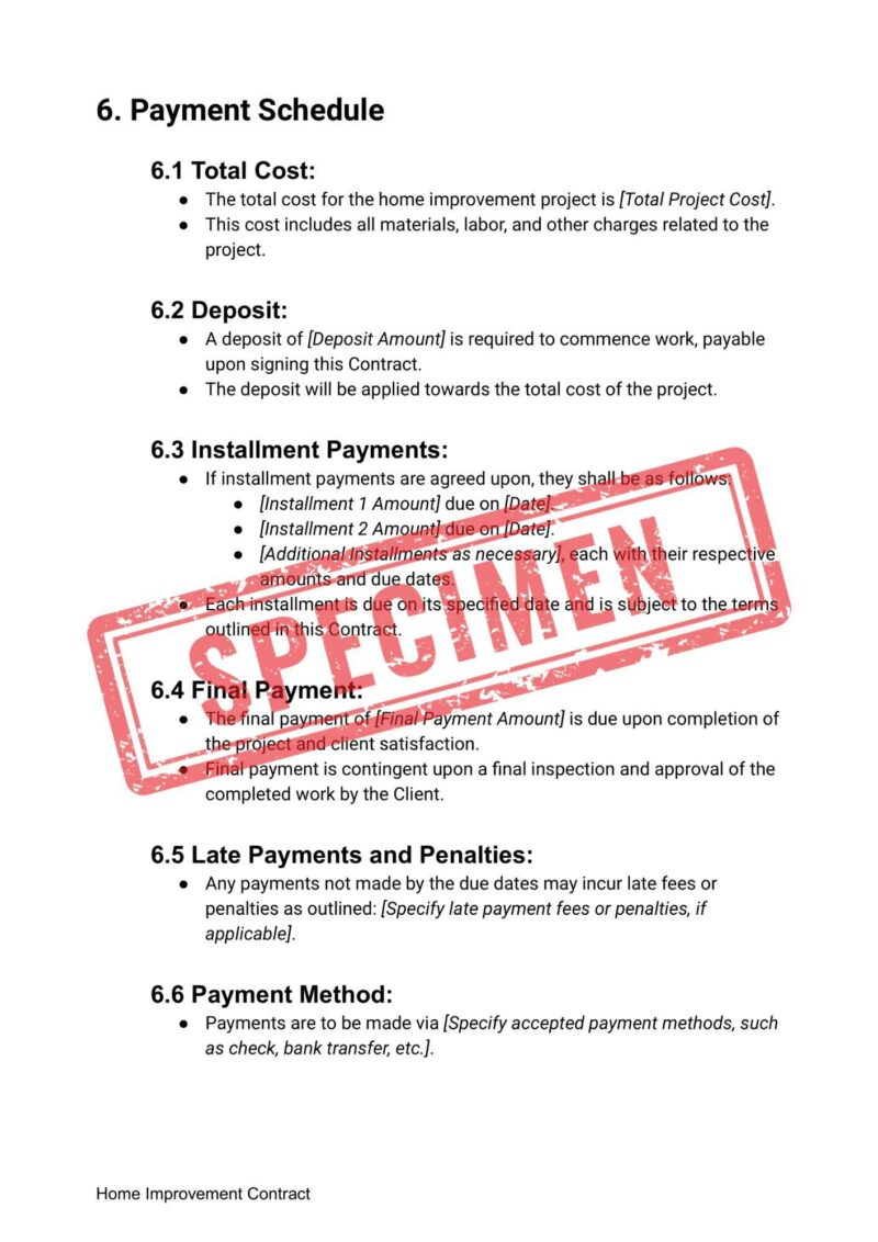 Adorned with a "Confidential" stamp, the Customizable Home Improvement Contract Template outlines payment schedules, including total cost, deposit, installment payments, final payment terms, late fees, and accepted methods. This editable template is perfect for home projects.