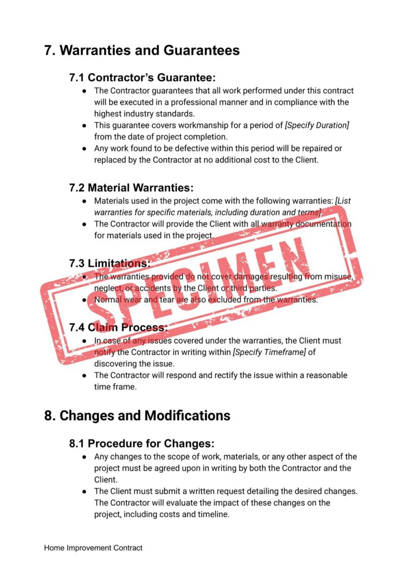 Home improvement contract page featuring warranties, guarantees, and changes stamped "SCHEDULED" in red. This Customizable Home Improvement Contract Template is editable, easy-to-use, legally sound, ensuring transparency for your home projects.