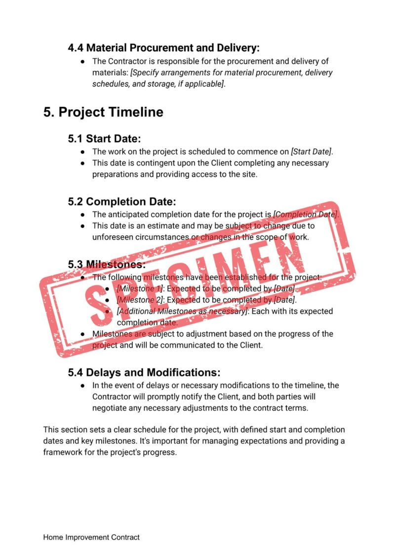 The project timeline in the "Customizable Home Improvement Contract Template" details start and completion dates, milestones, and modifications. A bold red "Rejected" stamp signals the need for adjustments in home projects.