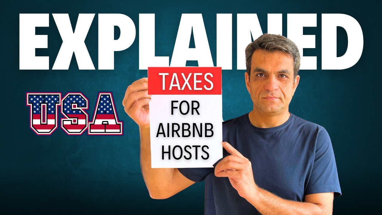 A person stands holding a sign that reads "TAXES FOR AIRBNB HOSTS" in front of a backdrop with the text "EXPLAINED" and "USA.